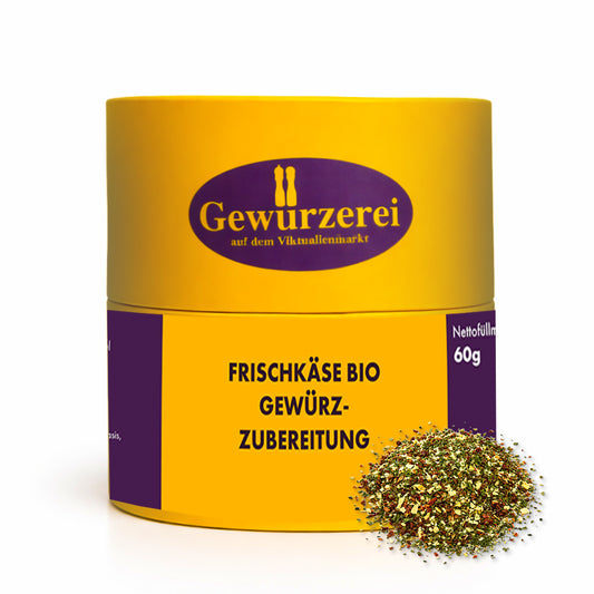 Bio Frischkaese Gewuerzmischung mit Tomate Kraeutern und Knoblauch fuer Dips Aufstriche und cremige Gerichte.