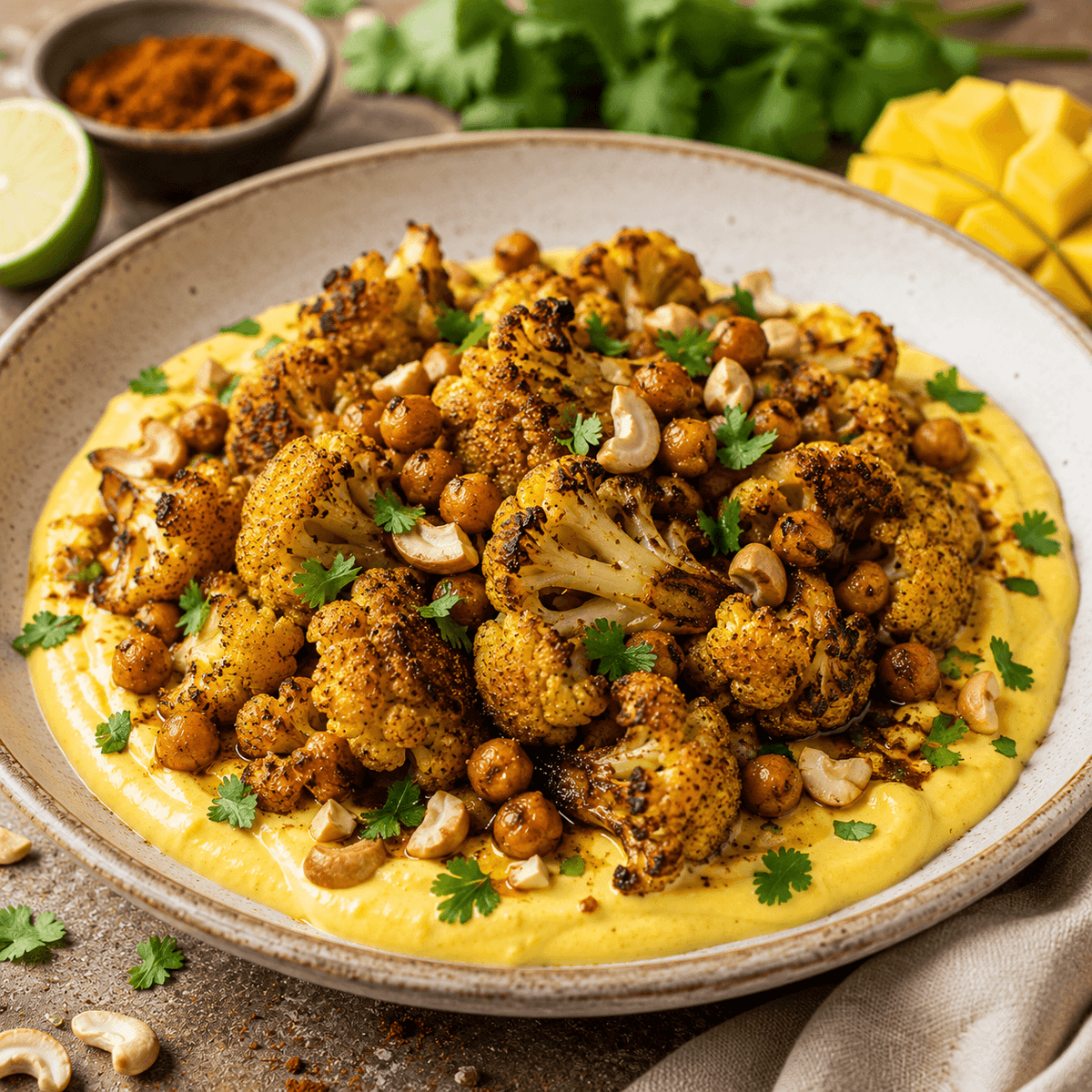 Geröstete Blumenkohlröschen auf gelber Creme mit Kichererbsen, Cashewkernen und Koriander