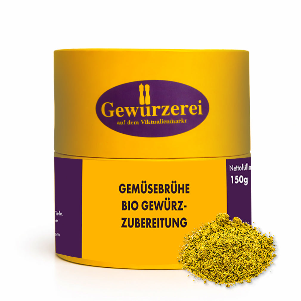 Bio Gemuesebruehe Gewuerzmischung mit Karotte Shiitake und Kraeutern fuer Suppen Risotto und Saucen.