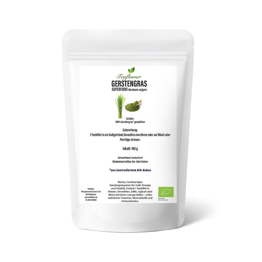 Reines Bio Gerstengras Pulver aus deutschem Anbau, fein vermahlenes grünes Pflanzenpulver