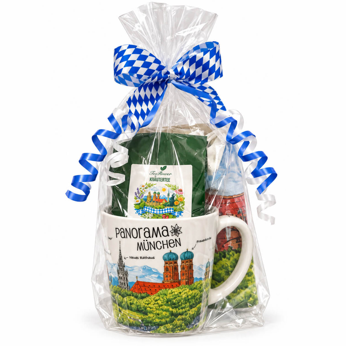 München Geschenktüte mit Baumwoll-Küchentuch, dekorativer Tasse mit Innenmotiv und Bayerische Brotzeit Kräutertee.