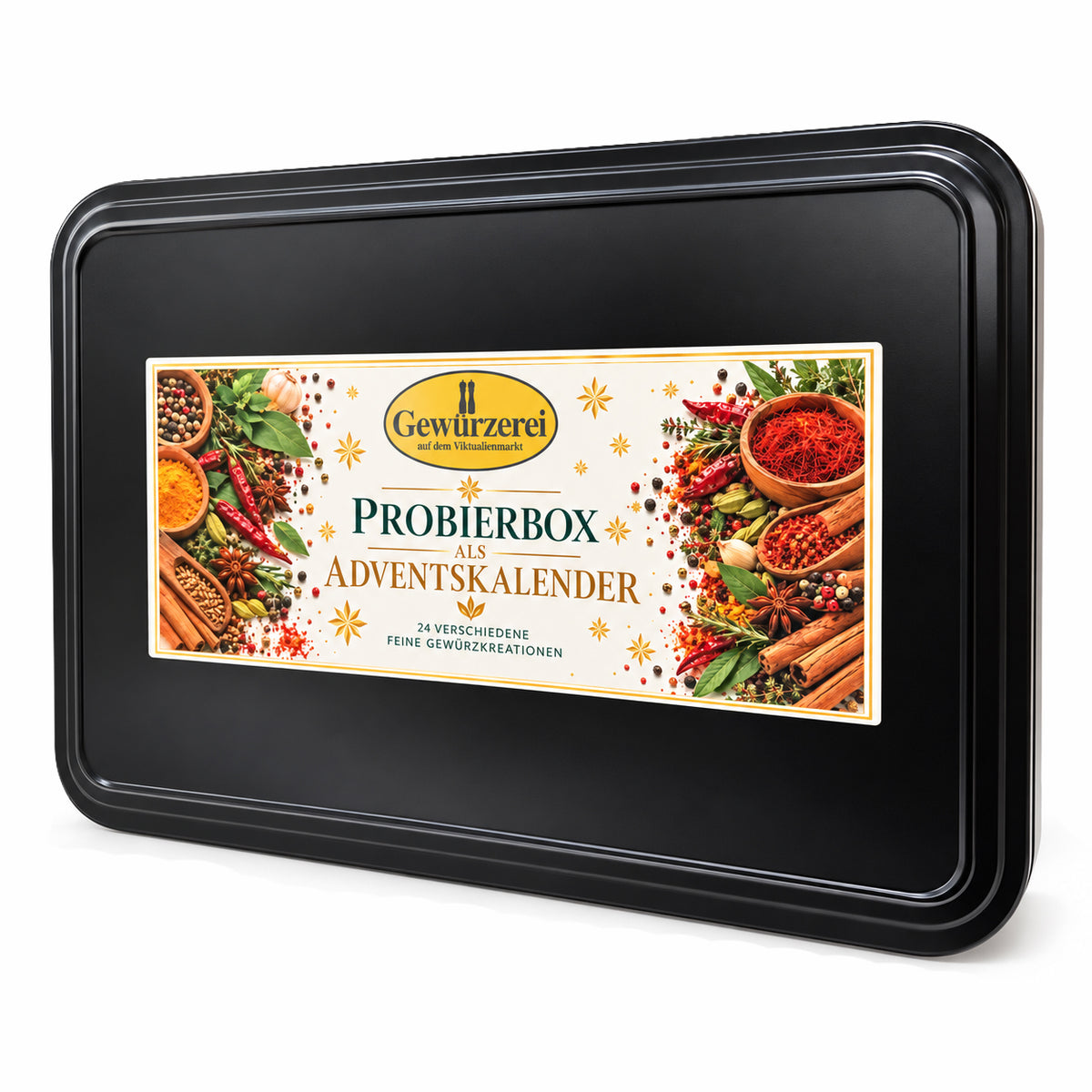 Gewürz Adventskalender als Probierbox mit 24 Gewürz- und Genussspezialitäten, darunter Bio-Gewürzmischungen und Gewürzsalze.