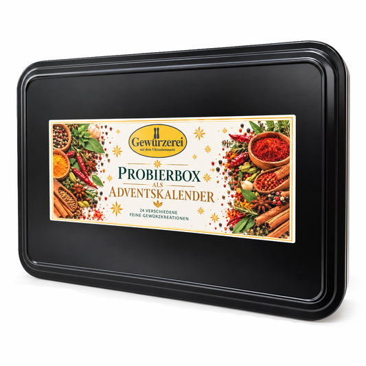 Gewürz Adventskalender als Probierbox mit 24 Gewürz- und Genussspezialitäten, darunter Bio-Gewürzmischungen und Gewürzsalze.