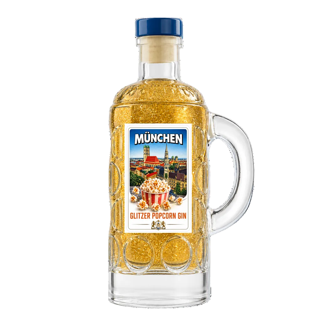 Krug Glitzer Popcorn Gin München Edition 40 ml mit 37 % vol. und goldenem Glitzereffekt