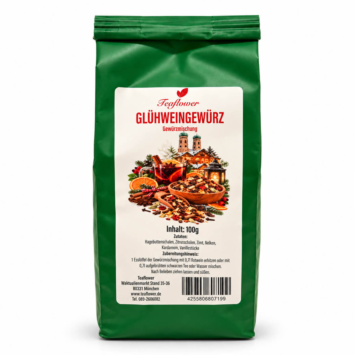 Glühweingewürz mit Zimt, Nelken, Kardamom, Zitrusschalen, Hagebutte und echten Vanillestücken.