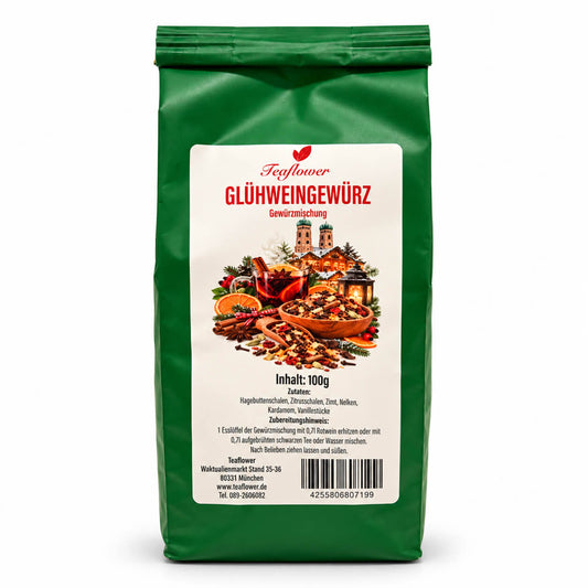 Glühweingewürz mit Zimt, Nelken, Kardamom, Zitrusschalen, Hagebutte und echten Vanillestücken.