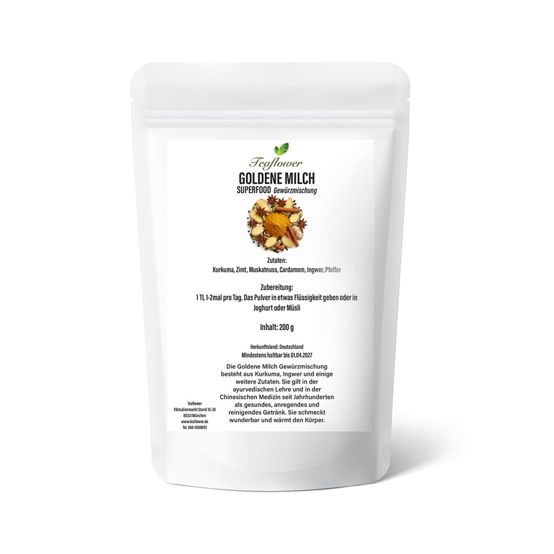 Goldene Milch Gewürzmischung mit Kurkuma, Ingwer, Zimt, Kardamom und Pfeffer, fein vermahlen