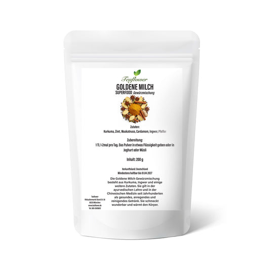Goldene Milch Gewürzmischung mit Kurkuma, Ingwer, Zimt, Kardamom und Pfeffer, fein vermahlen