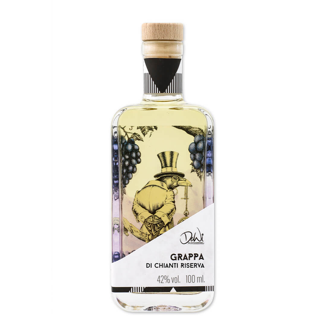 Grappa di Chianti Riserva mit 42 Prozent vol. in der 100 ml Flasche mit dekorativem Etikett