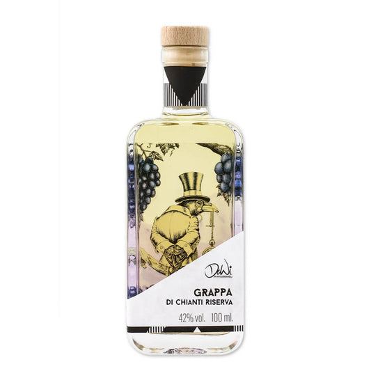 Grappa di Chianti Riserva mit 42 Prozent vol. in der 100 ml Flasche mit dekorativem Etikett