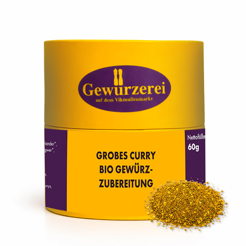 Grobes Curry Bio Gewuerzmischung mit sichtbarer Struktur fuer Currys Eintoepfe und Gemuesegerichte.