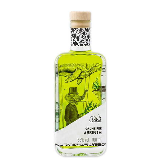 Grüne Fee Absinth mit 55 Prozent vol. in der 100 ml Flasche mit dekorativem grünem Etikett