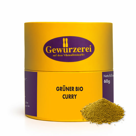 Gruener Bio Curry Gewuerzmischung mit Curcuma Koriander Petersilie Ingwer und Chili fuer aromatische Gemuese und Reisgerichte