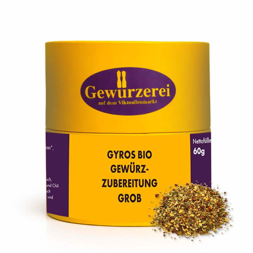 Bio Gyros Gewuerzmischung grob mit Kraeutern Knoblauch und Paprika fuer Fleischgerichte und mediterrane Kueche.