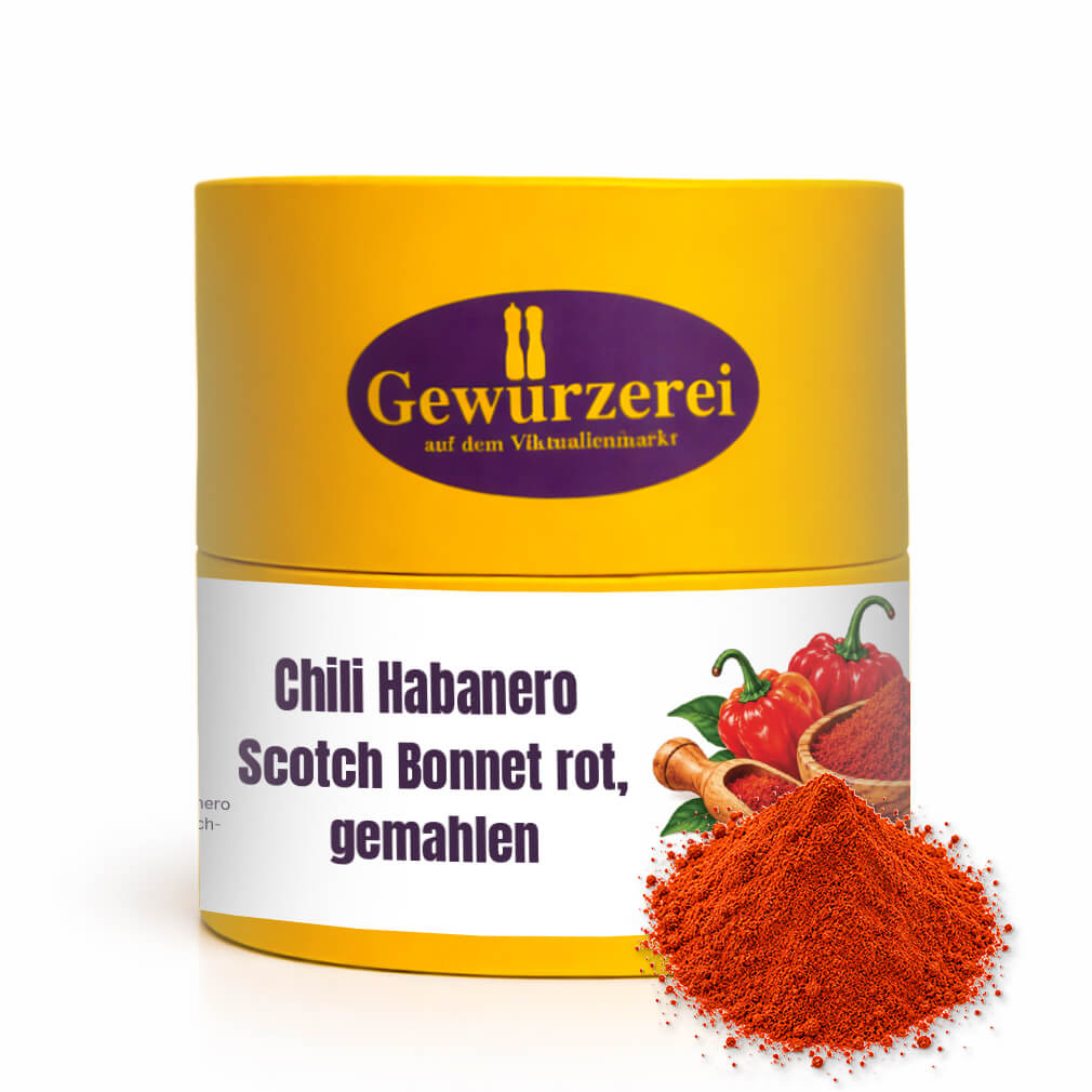 Rotes Habanero Scotch Bonnet Chili aus Ecuador, fein gemahlen mit intensiver Schärfe und fruchtig-tropischem Aroma.