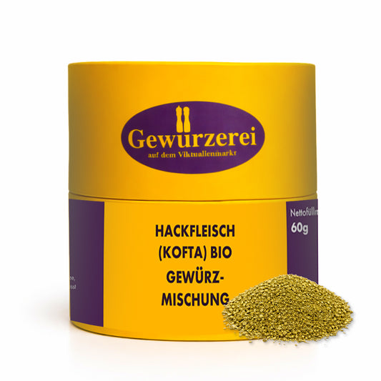 Bio Gewuerzmischung fuer Hackfleisch Kofta und Frikadellen mit Kraeutern Knoblauch Zwiebel Pfeffer und Muskatnuss