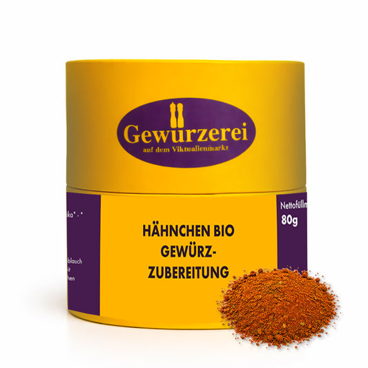 Bio Haehnchen Gewuerzmischung mit Koriander Kurkuma Knoblauch und Chili fuer Gefluegel und Grillgerichte.