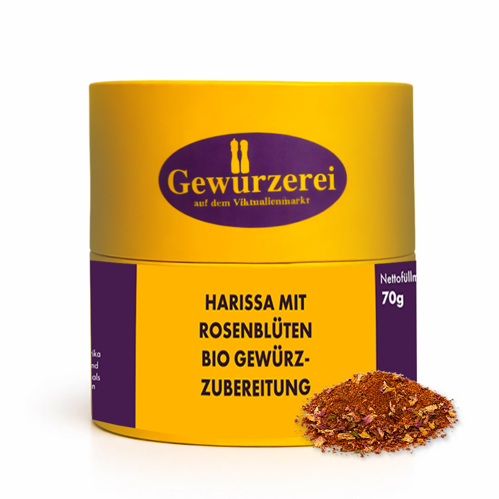 Harissa Gewuerzmischung mit Rosenblueten Chili und Gewuerzen fuer Dips Marinaden und orientalische Gerichte.
