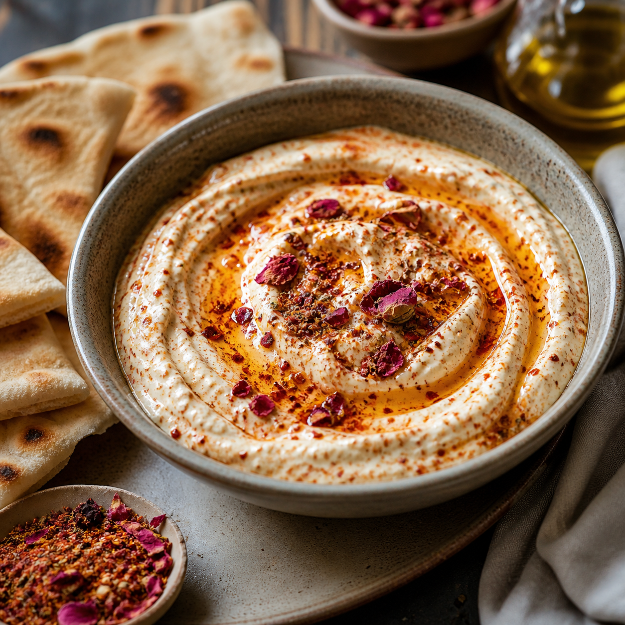 Harissa Gewuerzmischung mit Rosenblueten Chili und Gewuerzen fuer Dips Marinaden und orientalische Gerichte