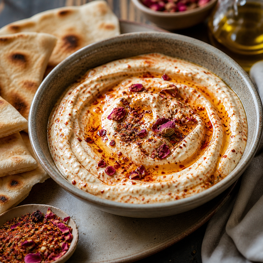 Harissa Gewuerzmischung mit Rosenblueten Chili und Gewuerzen fuer Dips Marinaden und orientalische Gerichte