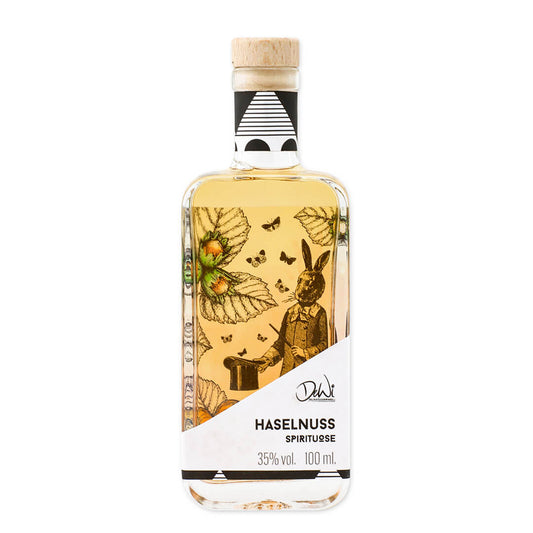 Haselnuss Spirituose mit 35 Prozent vol. in der 100 ml Flasche mit dekorativem Haselnuss-Etikett