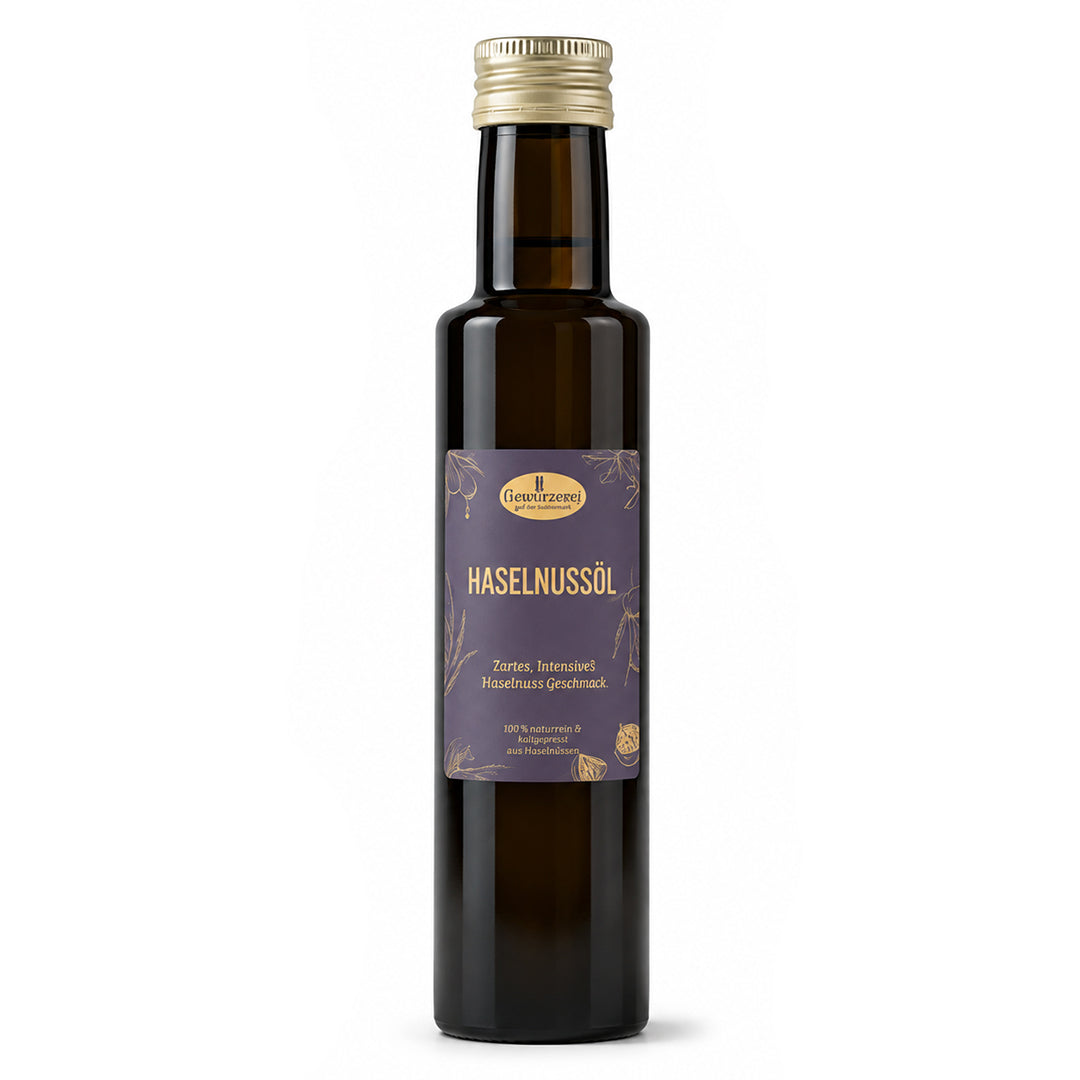 Haselnussoel aus geroesteten haselnuessen fuer salate dressings gemuese kaese und desserts.