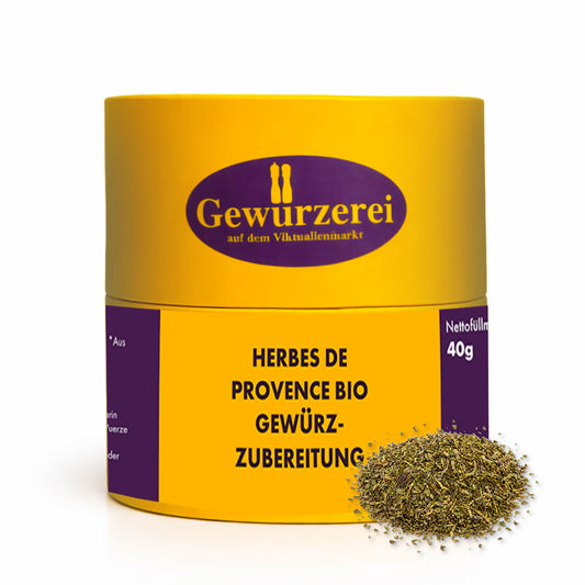 Herbes de Provence Bio Kraeutermischung mit Thymian Rosmarin Lavendel und mediterranen Kraeutern fuer Gemuese und Fleischgerichte.