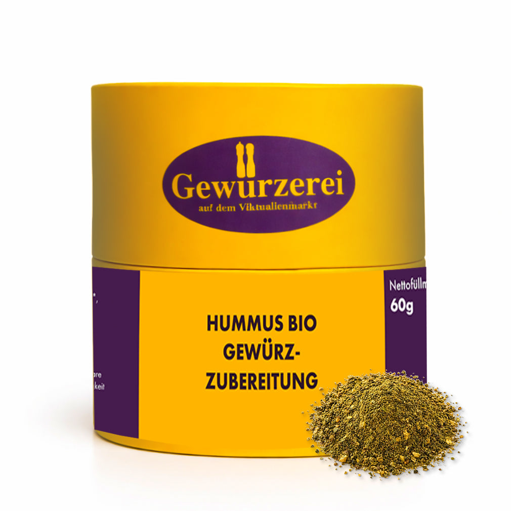 Bio Hummus Gewuerzmischung mit Kreuzkuemmel Zitrus und Minze fuer Dips Kichererbsen und orientalische Gerichte.