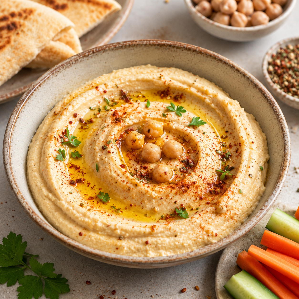 Bio Hummus Gewuerzmischung mit Kreuzkuemmel Zitrus und Minze fuer Dips Kichererbsen und orientalische Gerichte