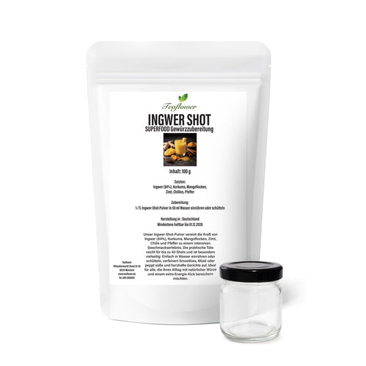 Ingwer-Shot-Pulver mit 84 % Ingwer, Kurkuma und Gewürzen inklusive 53-ml-Flasche zur einfachen Zubereitung