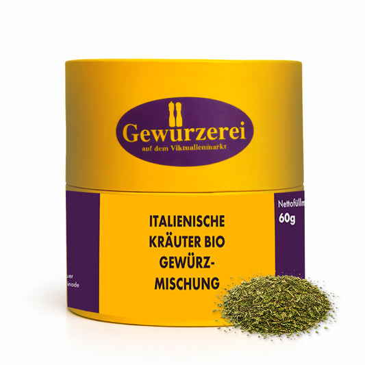 Italienische Kraeuter Bio Gewuerzmischung mit Basilikum Oregano und Rosmarin fuer Pasta Pizza und mediterrane Gerichte.