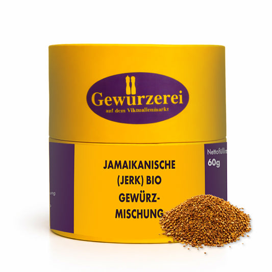 Jamaikanische Jerk Bio Gewuerzmischung mit Piment Thymian Chili Knoblauch und Paprika fuer karibische Grillgerichte
