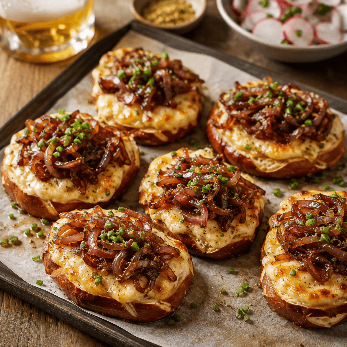 Fünf überbackene Brezenhälften mit Käse und Röstzwiebeln auf Blech, Schnittlauch darüber