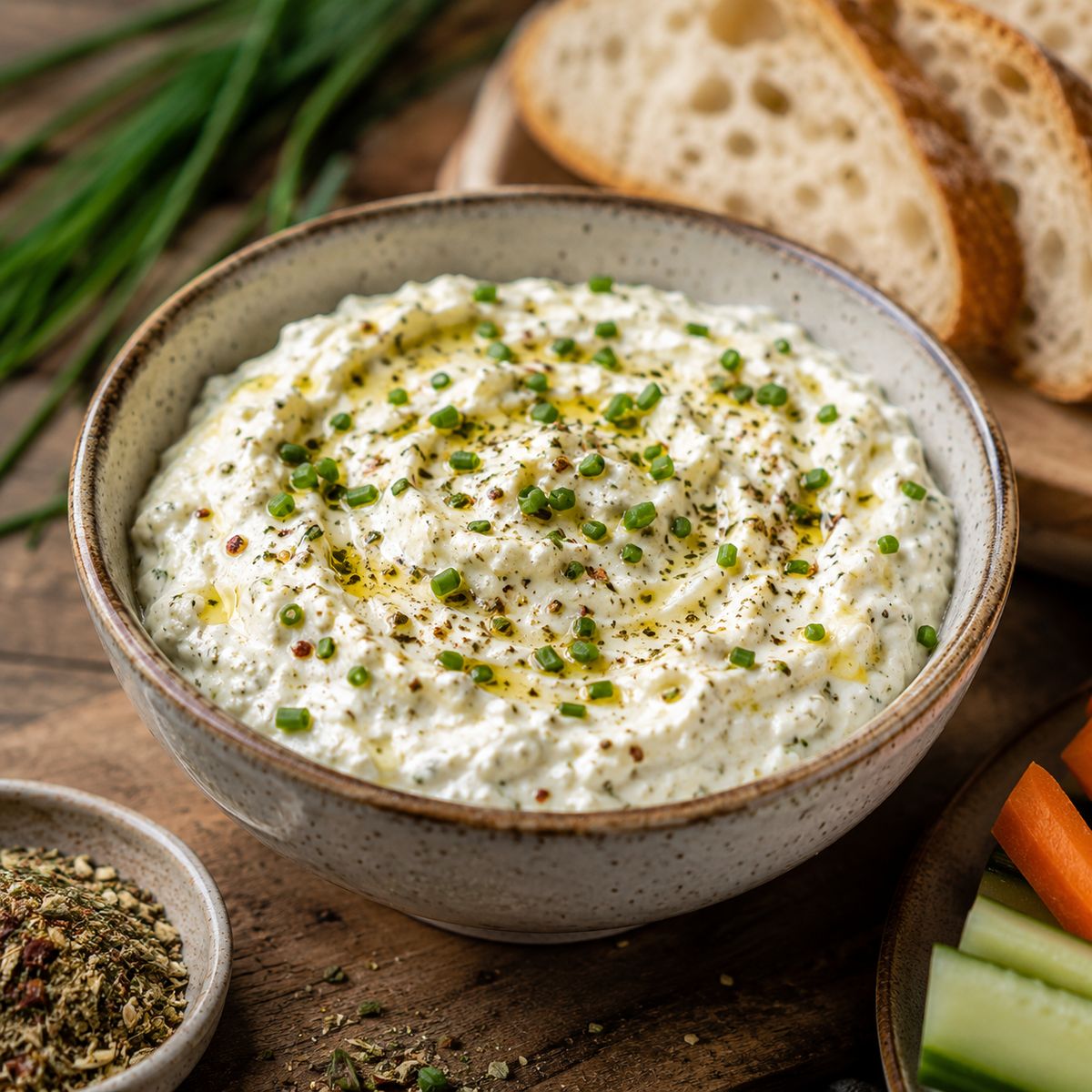 Cremiger weißer Dip mit Kräutern, Öl und Schnittlauch in Steingutschale, Brotscheiben daneben