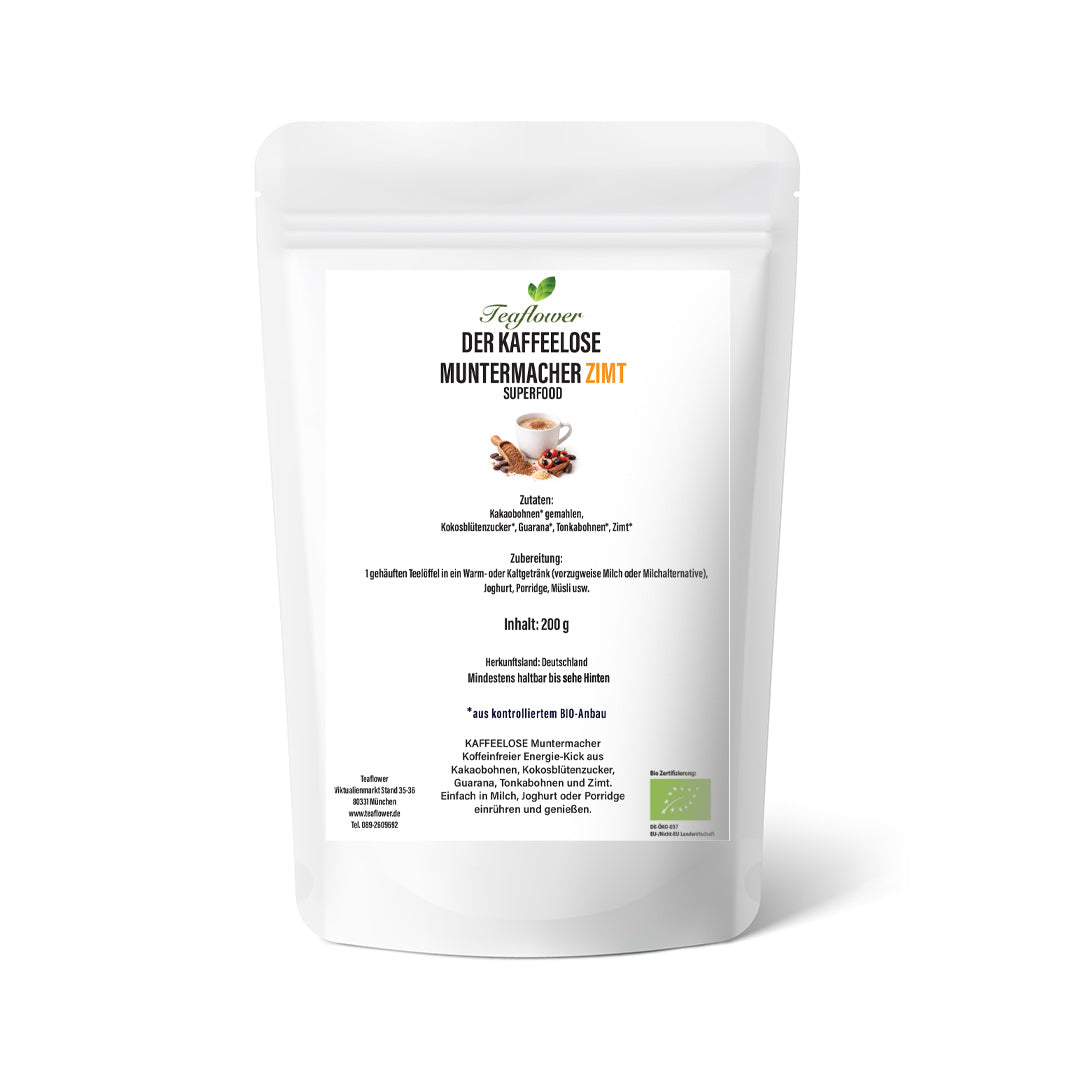 Kaffeeloser Muntermacher aus Bio-Kakaobohnen mit Kokosblütenzucker, Guarana und Tonkabohne, fein vermahlen