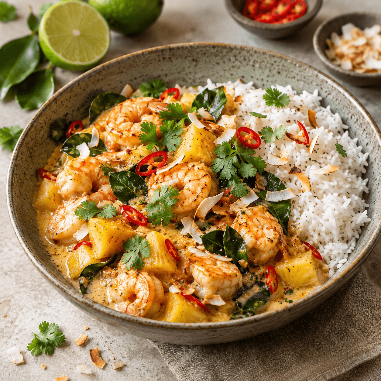 Schüssel mit Currygericht, Garnelen, Fruchtstücken, Kaffirblättern, Chili und Reis