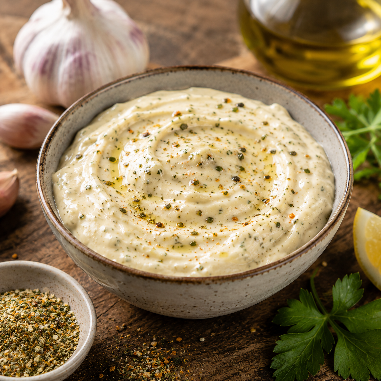 Bio Gewürzzubereitung für Aioli mit Knoblauch Ingwer und Petersilie für Dips Marinaden und Gemüsegerichte