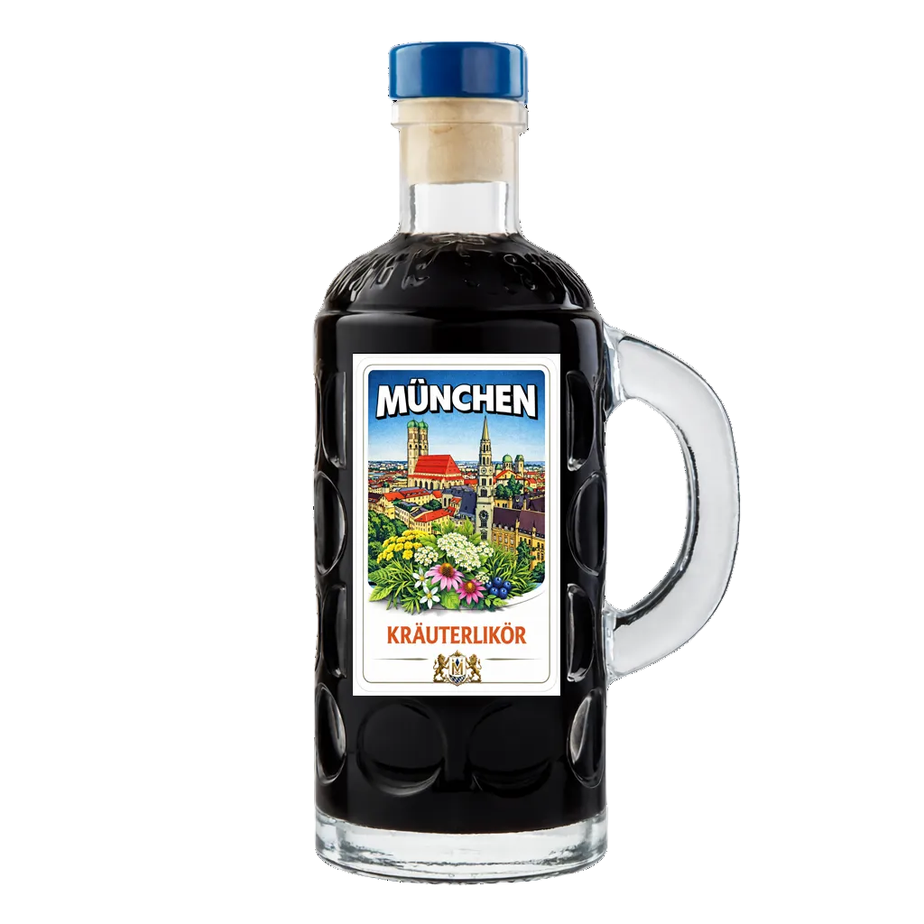 Krug Kräuterlikör München Edition 40 ml in dekorativer Glasflasche mit München-Motiv und Kräuterabbildung