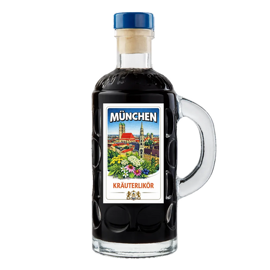 Krug Kräuterlikör München Edition 40 ml in dekorativer Glasflasche mit München-Motiv und Kräuterabbildung