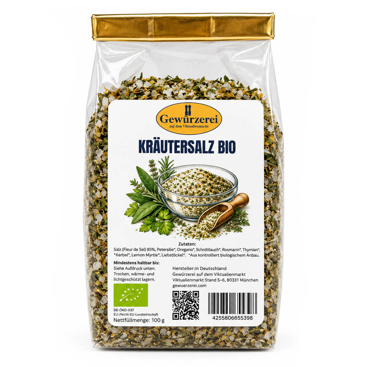 Bio Kräutersalz mit Meersalz, Rosmarin, Thymian, Basilikum und Petersilie für Gemüse, Kartoffeln, Fleisch und Fisch