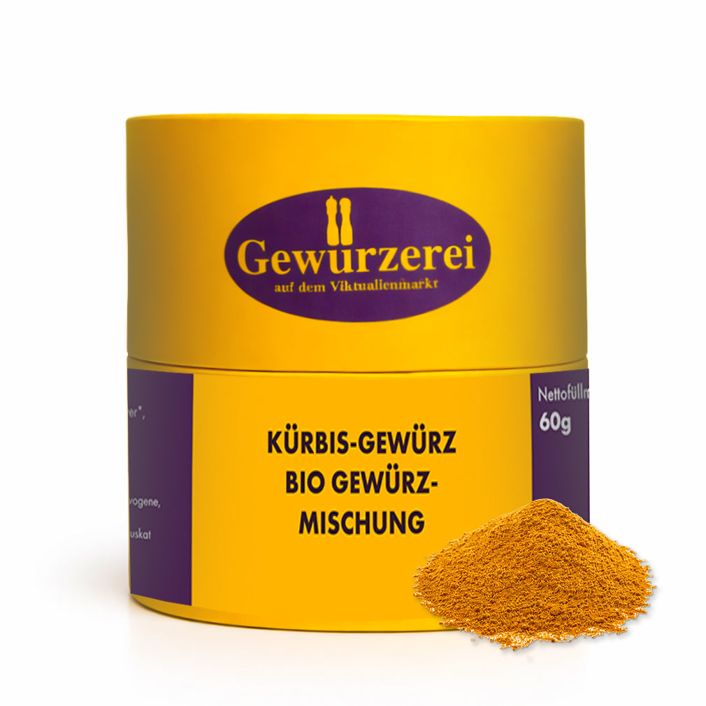 Kuerbis Gewuerz Bio Gewuerzmischung mit Kuerbiskernmehl Curcuma Ingwer Chili Zimt Muskat und Nelken fuer herzhafte Kuerbisgerichte