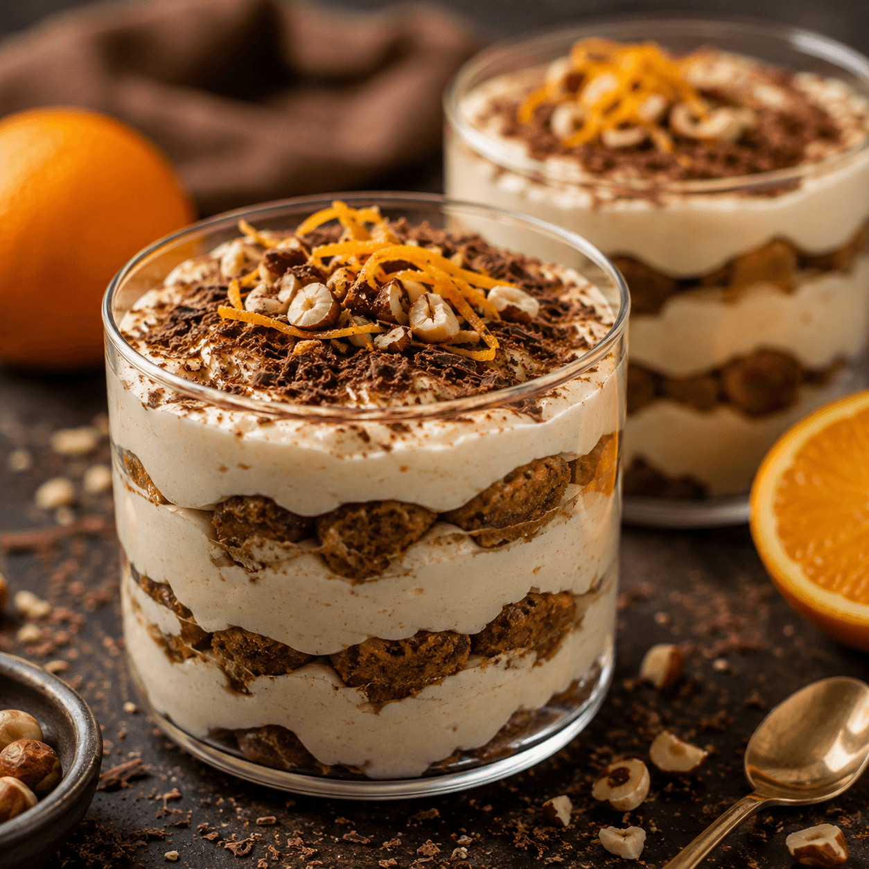 Geschichtetes Dessert im Glas mit Sahnecreme, Kakao, Haselnüssen und Orangenzesten