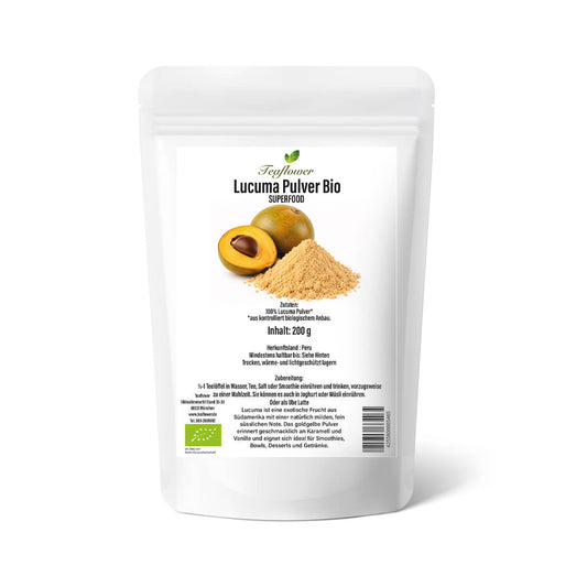 Fein gemahlenes Lucuma Pulver BIO aus Peru mit goldgelber Farbe und mildem Karamell-Vanille-Aroma.