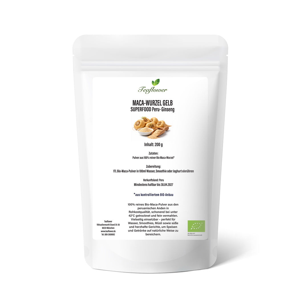 100 % reines Bio-Maca-Pulver aus Maca-Wurzel in Rohkostqualität, fein vermahlen und schonend verarbeitet