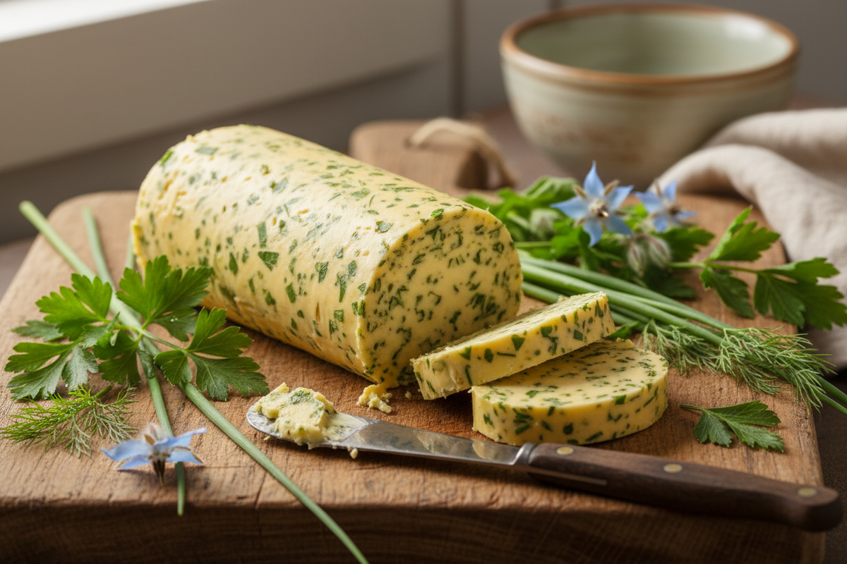 Aufgeschnittene Kräuterbutter auf einem Holzbrett