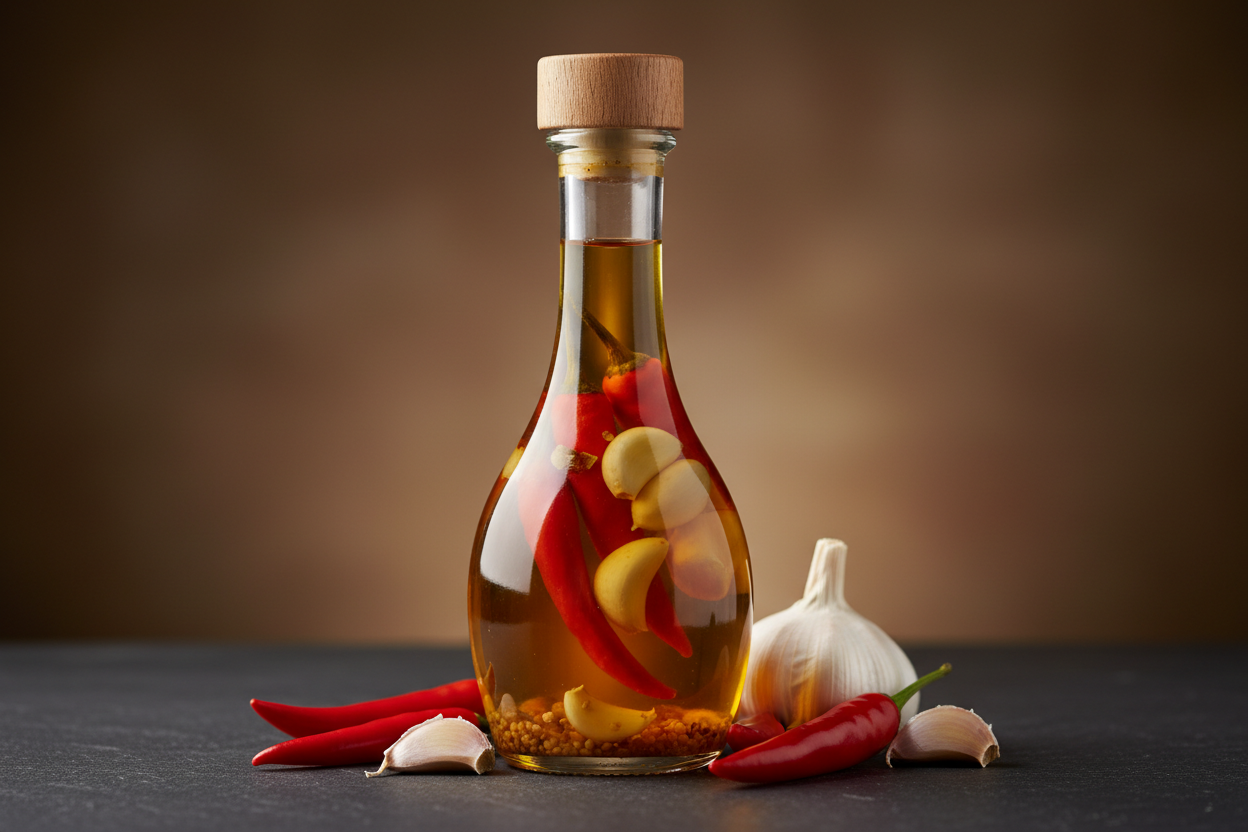 Mach mir ein edles Bild von einem besonderen Chili Knoblauch Essig