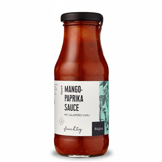 Mango Paprika Sauce mit Jalapeno Chili fruchtig und leicht scharf als Grillsauce und Dip fuer Fleisch und Gemuese