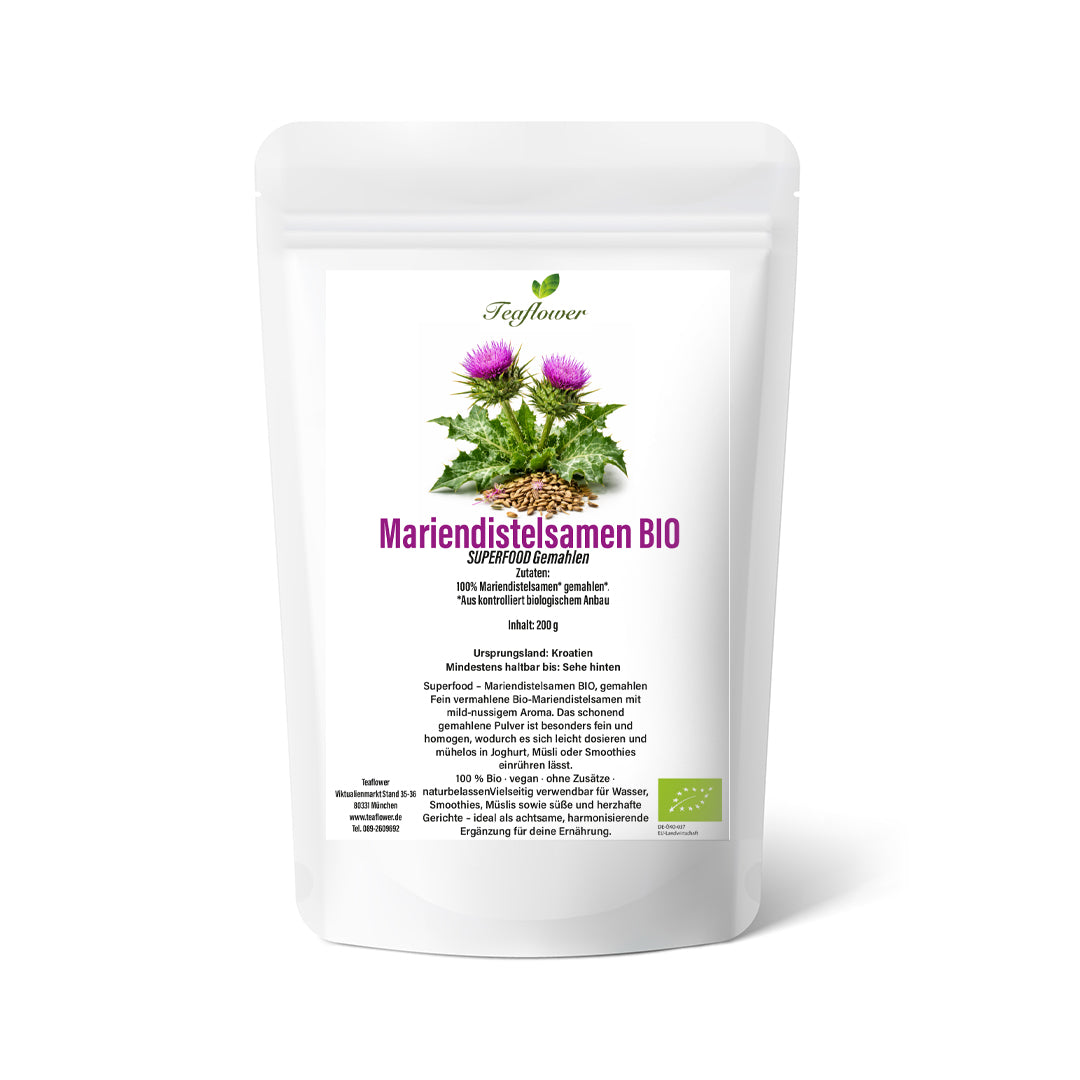 Mariendistelsamen BIO gemahlen als feines homogenes Pulver in naturbelassener Bio-Qualitaet