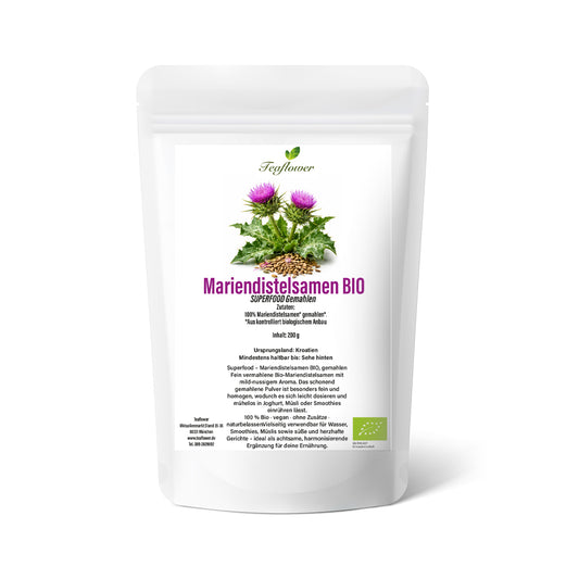 Mariendistelsamen BIO gemahlen als feines homogenes Pulver in naturbelassener Bio-Qualitaet