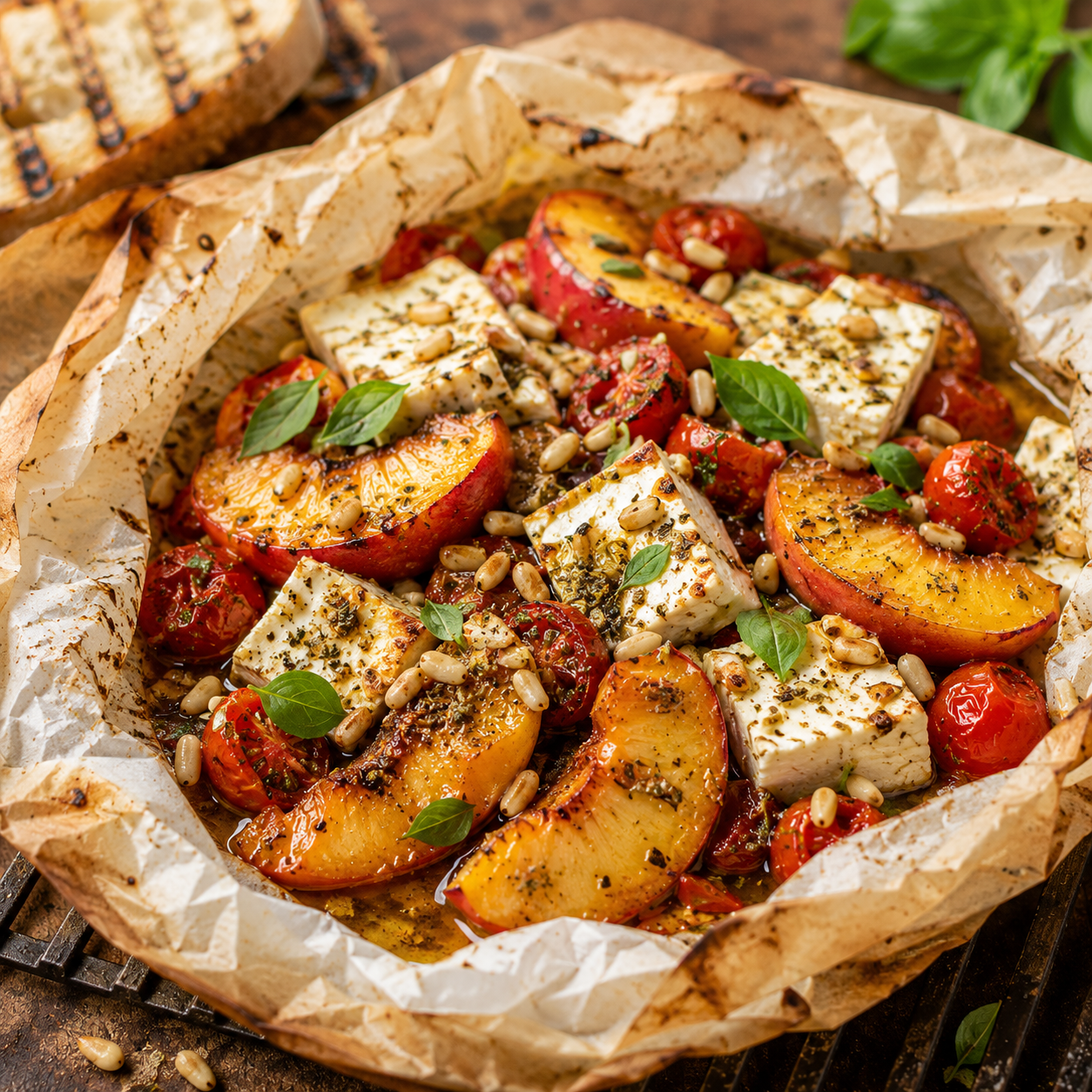 Backpapier mit gegrillten Pfirsichspalten, Fetawürfeln, Kirschtomaten, Pinienkernen und Basilikum